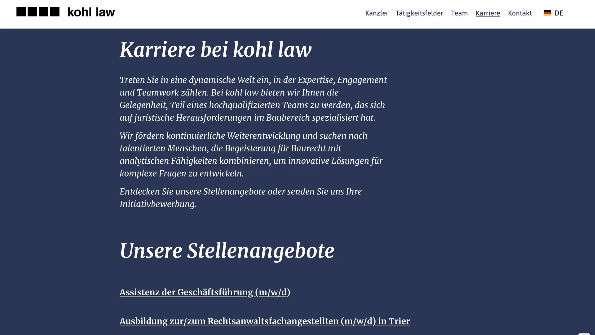Beispielbild Website kohl-law Seite "Stellenangebote"
