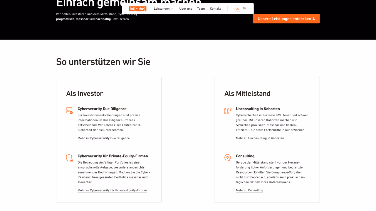 Webseitenabschnitt mit dem Titel „So unterstützen wir Sie“ mit zwei Spalten: „Als Investor“ mit Cybersecurity Due Diligence und Services für Private Equity Firmen sowie „Als Mittelstand“ mit Unconsulting in Kohorten und Beratungsangeboten, jeweils mit Icons und kurzen Beschreibungen auf Deutsch.