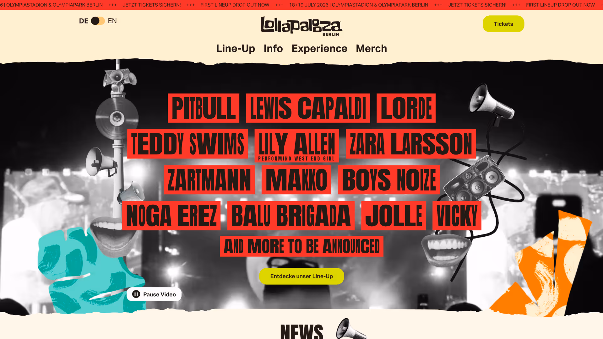 Hero-Bereich der Lollapalooza Berlin Website mit animiertem Festivalvideo, großflächiger Line-up Ankündigung in roter Typografie und Navigation für Line-up, Info, Experience und Merch.