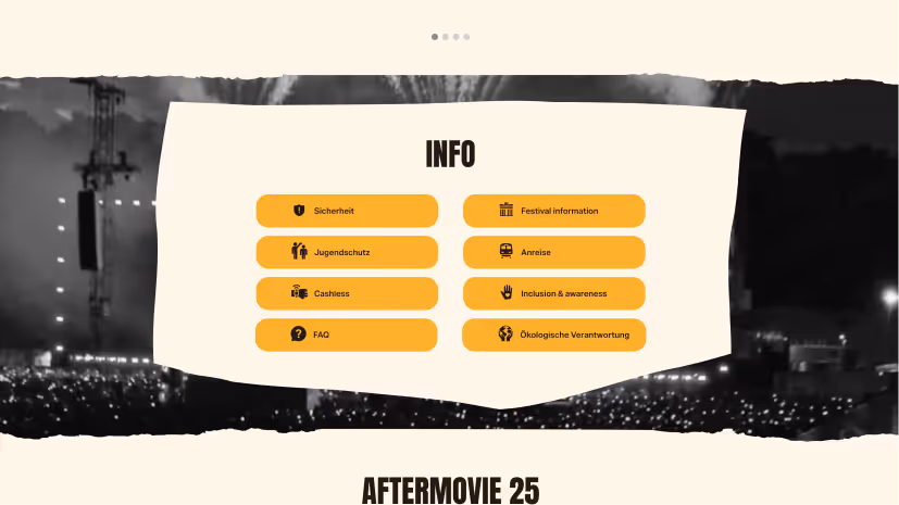 Info-Sektion der Lollapalooza Berlin Website mit zentraler Kartenfläche und Buttons zu Sicherheit, Jugendschutz, Anreise, FAQ, Cashless und Nachhaltigkeit vor einem Konzert-Hintergrund.