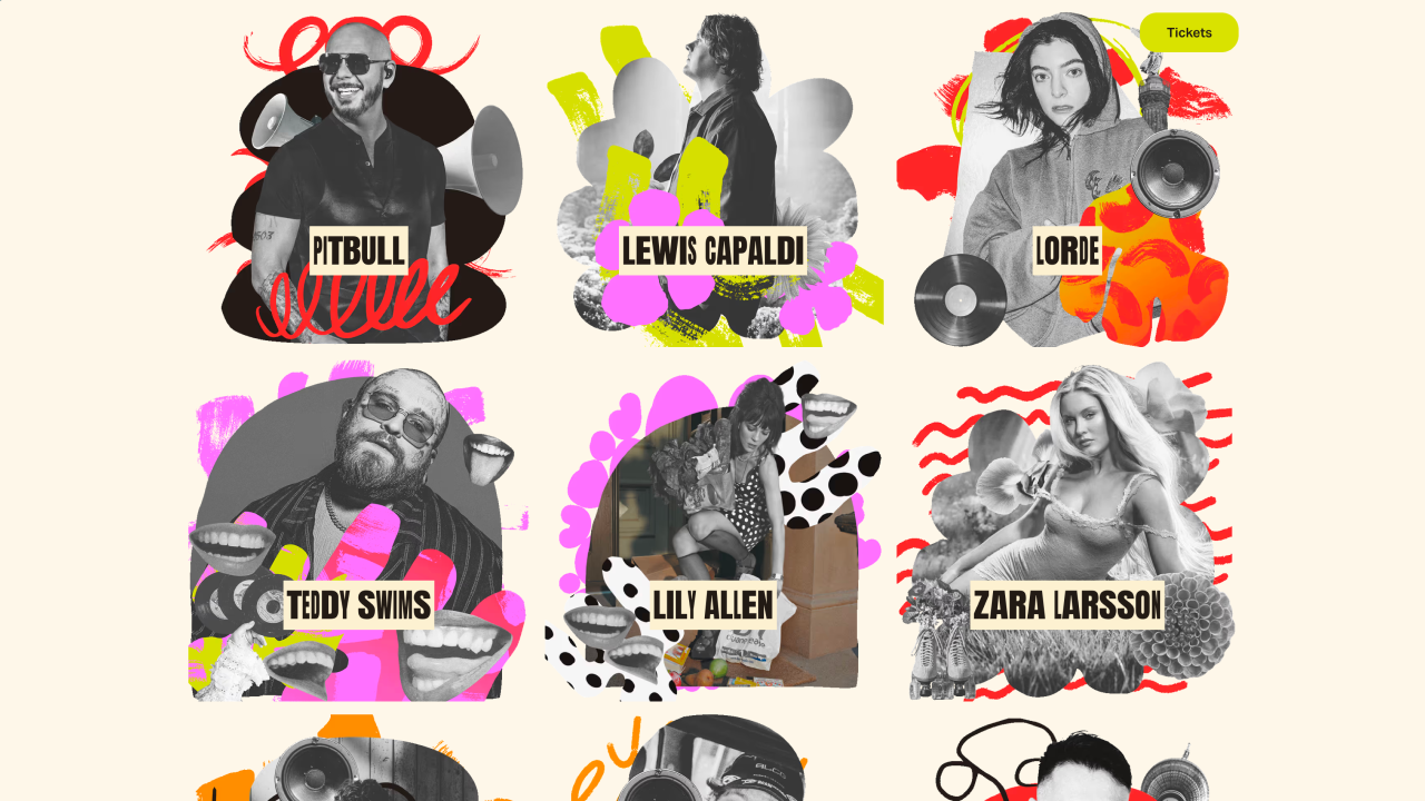 Collageartige Line-up Übersicht der Lollapalooza Berlin Website mit Künstlerporträts von Pitbull, Lewis Capaldi, Lorde, Teddy Swims, Lily Allen und Zara Larsson in farbigen, grafischen Kachel-Layouts.