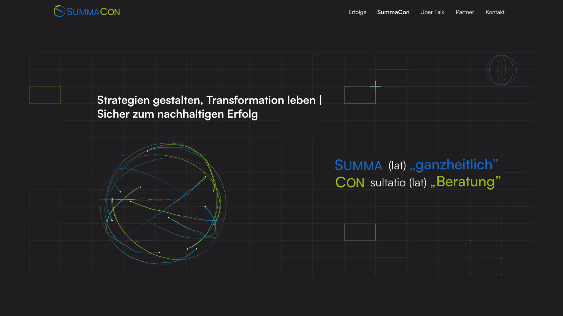 SummaCon Website dark design with 3D graphic of particles circling around in brand colors