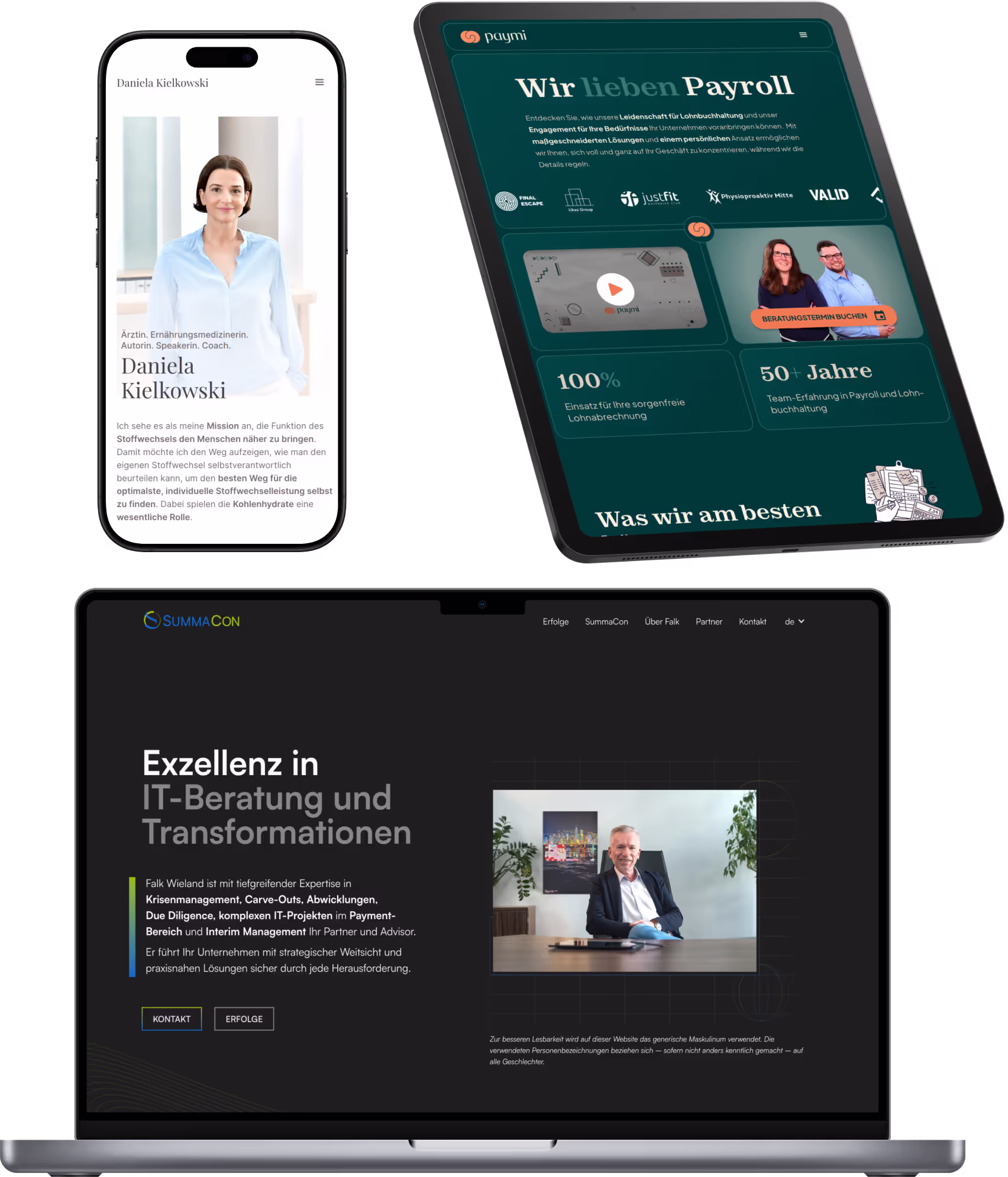 Mockup auf Macbook, Tablet und iPhone von drei verschiedenen Seiten, die Thomas Etscheidt designed und entwickelt hat.